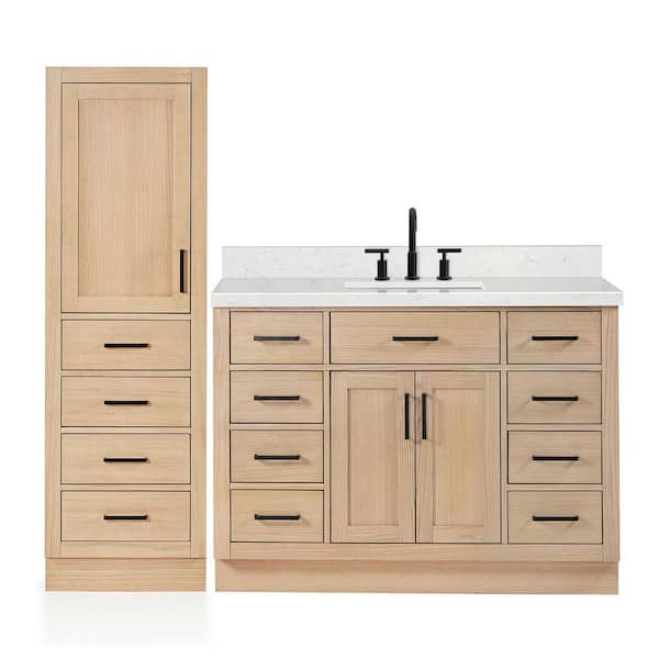 Hepburn 2-Piece Set 48 in Single Sink Bathroom Vanity and Linen Cabinet with Carrara White Quartz Top in Oak