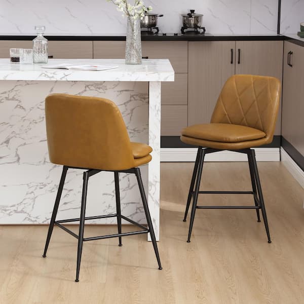 Hochwertiges 26 in. Brown Metal Frame Counter Height Bar Stool Swivel Counter Stool with Faux Leather Seat (Set of 2)