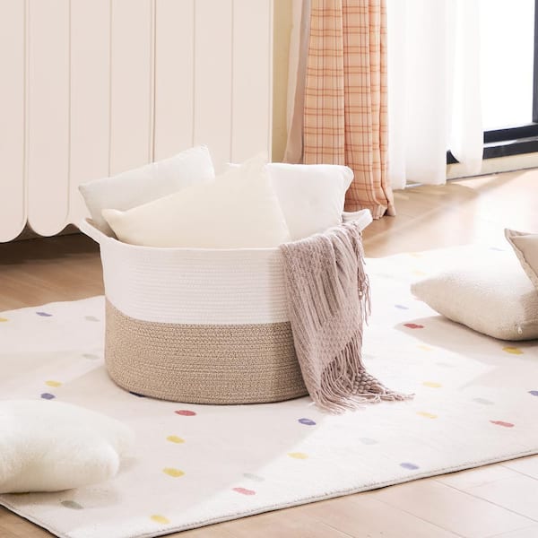 Blanket Basket Brown 20 in. x 14 in. 87 L Cotton Rope Basket Woven Basket with Handles Decorative Baskets