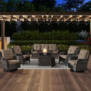 ArcoBay 6-Piece Gray Wicker Patio Square Fire Pit Conversation Set with Gray Cushions and Swivel Rocking Chairs