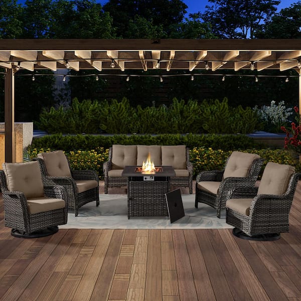 Opohoro ArcoBay 6-Piece Gray Wicker Patio Square Fire Pit Conversation Set with Gray Cushions and Swivel Rocking Chairs