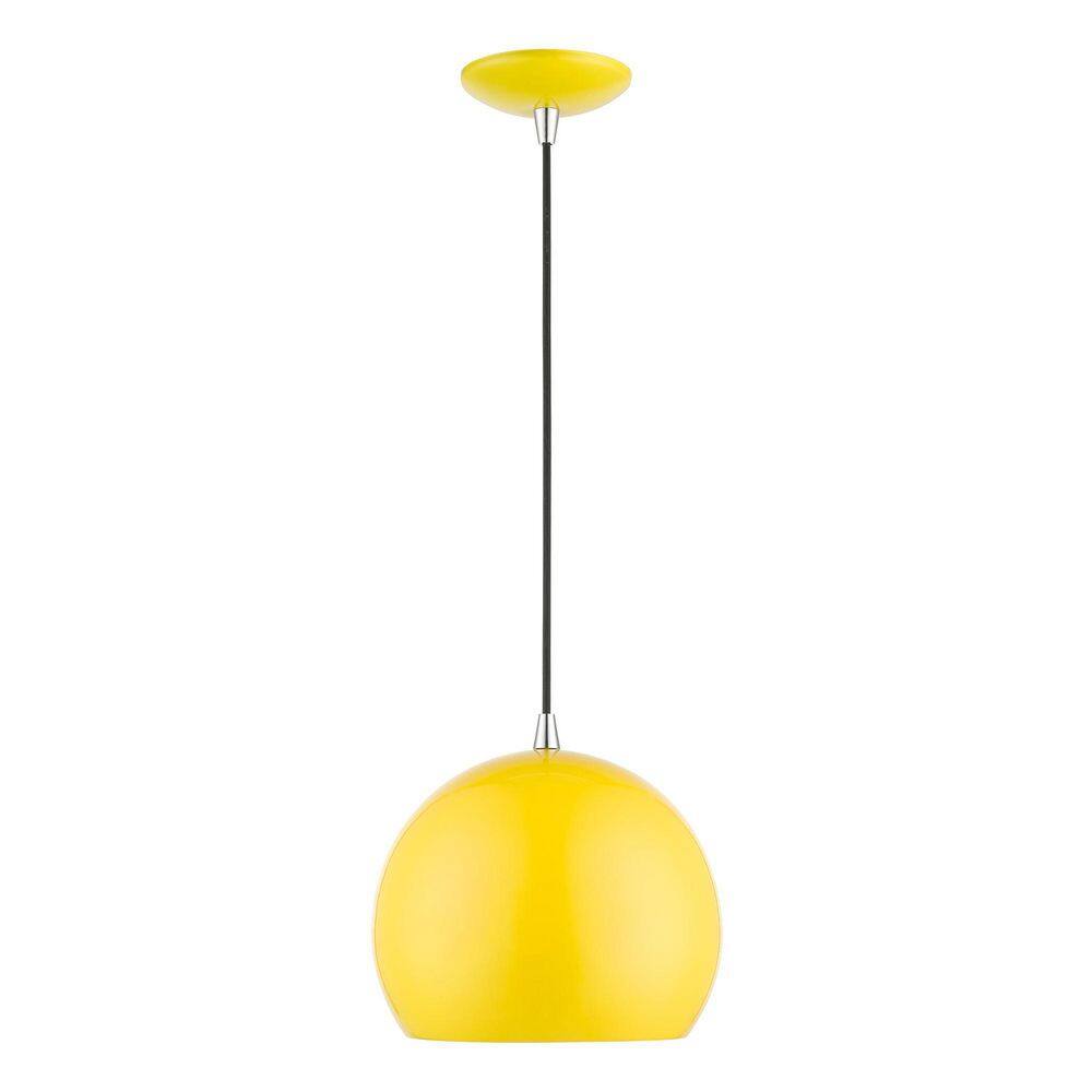 15" Shiny Yellow and Polished Chrome Aluminum Globe Pendant Light