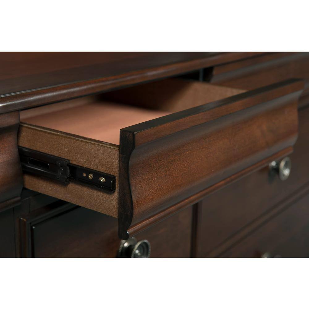 Elegant Conley 65'' Cherry Finish Dresser with Arched Mirror and Felt-Lined Drawers