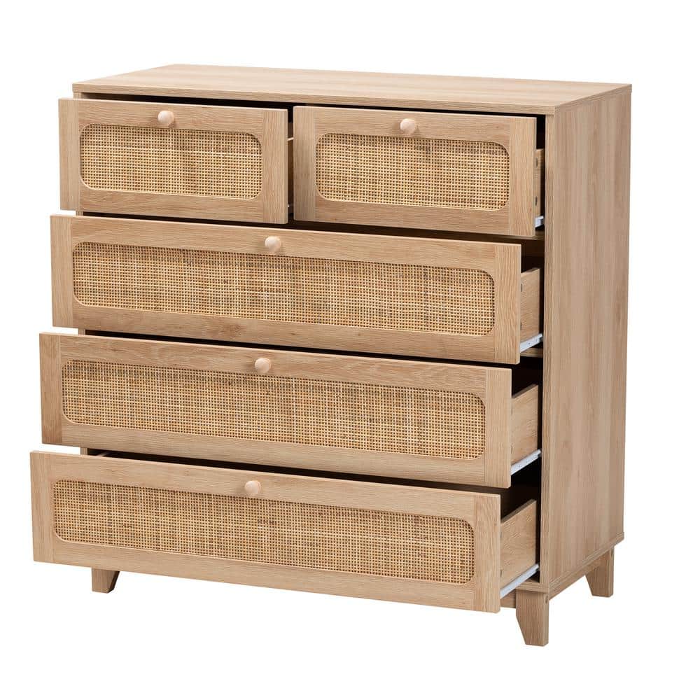 Elsbeth Oak Brown Wood and Natural Rattan 5-Drawer Storage Cabinet