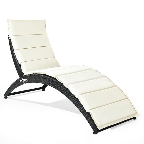 Unbranded Black Frame 1-Piece Wicker Outdoor Foldable Chaise Lounge with Beige Cushion