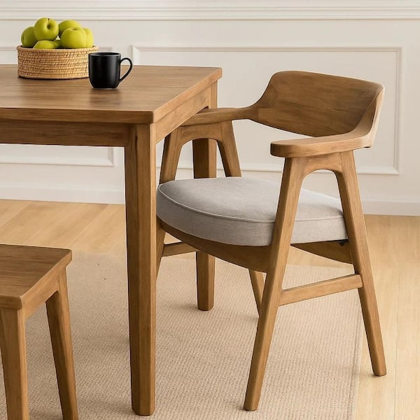 Zsy Natural Brown and Gray Fabric Curved Back Dining Armchair