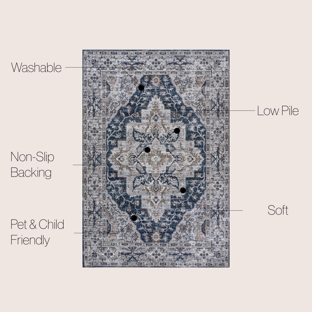 Didim Boho Navy and Light Gray 5x8 Washable Area Rug