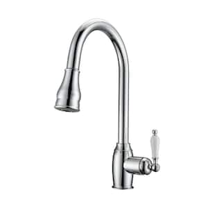 Bay Single Handle Deck Mount Gooseneck Pull Down Spray Kitchen Faucet with Porcelain Lever Handle in Polished Chrome