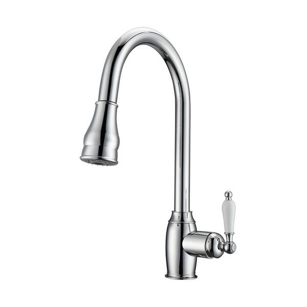 Barclay Products Bay Single Handle Deck Mount Gooseneck Pull Down Spray Kitchen Faucet with Porcelain Lever Handle in Polished Chrome