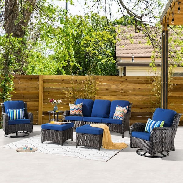 XIZZI Moonlight Brown 6-Piece Wicker Patio Conversation Seating Sofa Set with Navy Blue Cushions and Swivel Rocking Chairs