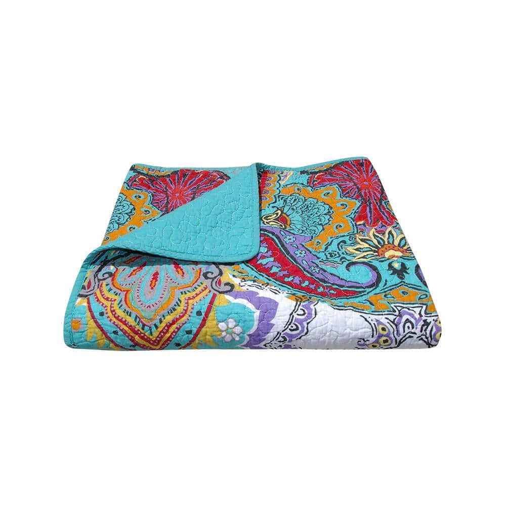 Nirvana Quilted Cotton Throw in Blue, Purple, Red - Reversible and Washable