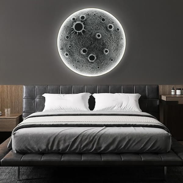 40 in. Gray 1 Light Resin Moon Chandelier with Dimmable LED, Pendant Light Remote Control, 38W Main and 15W Night Light