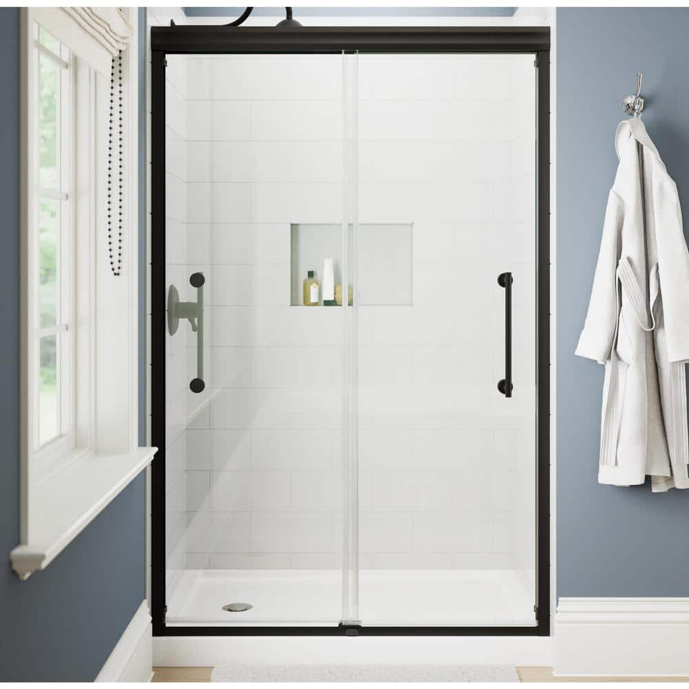 Ashmore 48 in. x 74-3/8 in. Semi-Frameless Sliding Shower Door in Matte Black with 5/16 in. (8mm) Tempered Clear Glass -  Delta, SD5758432