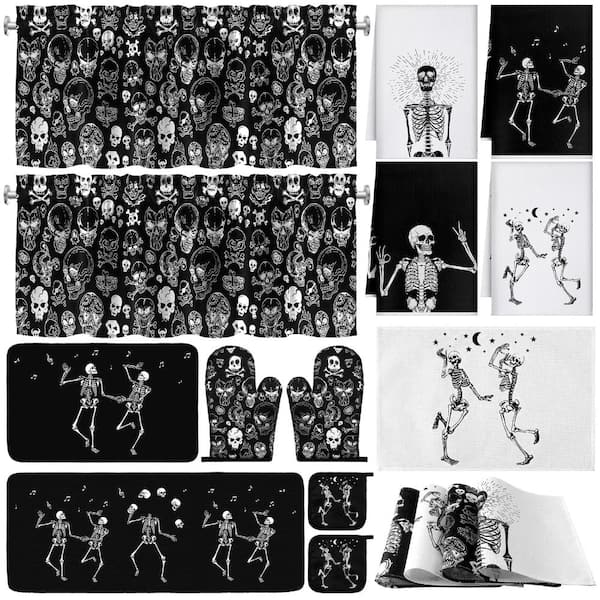 Black Skull Linen Kitchen Towels and Placemats Halloween Set of 16 Pieces Decor Collection