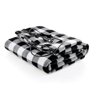 Plaid Electric Heated Travel Throw Blanket with Overheat Protection and 12V Car Outlet, Black and White