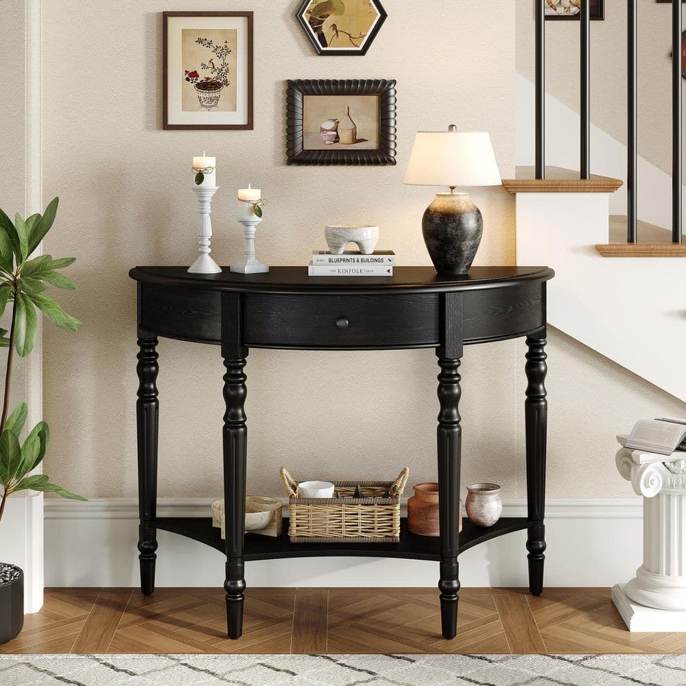 Harper & Bright Designs 39 in. Black Farmhouse Half-Moon Wood Console ...