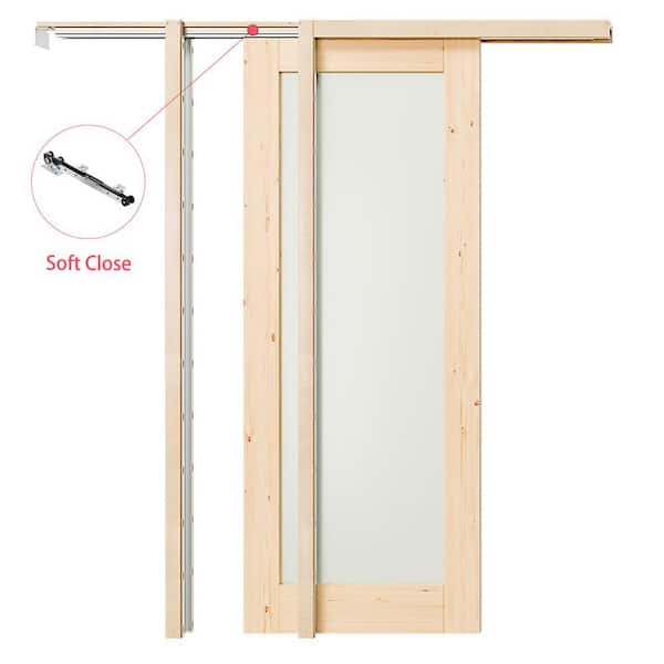 64 in. x 80 in. Light Brown Solid Wood, Full Lite Frosted Glass, Pocket Door with Soft Close, Frame and Hardware