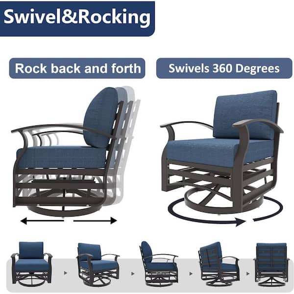 5-Piece Aluminum Patio Conversation Set with armrest, Firepit Table, Swivel Rocking Chairs and Cushion Navy Blue