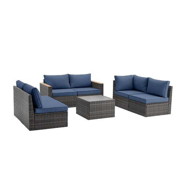 Unbranded 7-Pieces Gray Durable Wicker Patio Conversation Set,Outdoor Couch Sectional Sofa,with Blue Cushions,for Backyard,Lawn