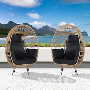 2 -Pieces Oversized Patio Brown Wicker Swivel Egg Chair, Indoor Outdoor Rattan Egg Chair