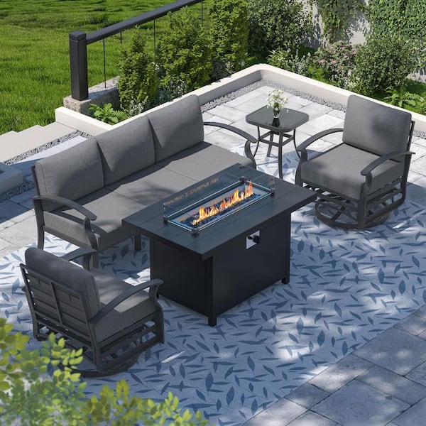5-Seat Aluminum Patio Conversation Set with armrest, Firepit Table, Swivel Rocking Chairs and Grey Cushions