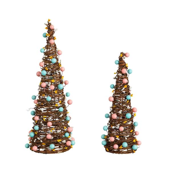 12 in. and 16 in. Artificial Easter Rattan Cone Trees with Pastel Eggs - Set of 2