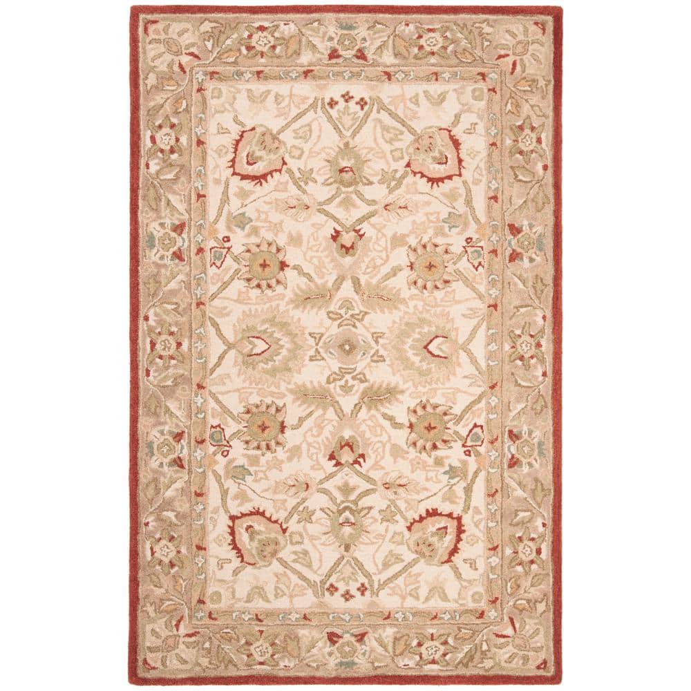 Handmade Beige and Rust Floral Wool Area Rug, 5' x 8'