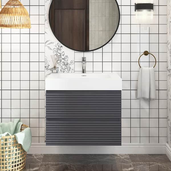 Unbranded 24 in. W Single Sink Wall-Mounted Bath Vanity in Gray with White Acrylic Top