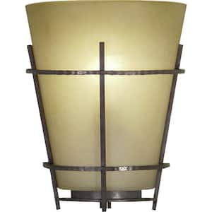 Lodge 1-Light Indoor Frontier Iron Wall Mount or Wall Sconce with Empire Sandstone Glass Shade