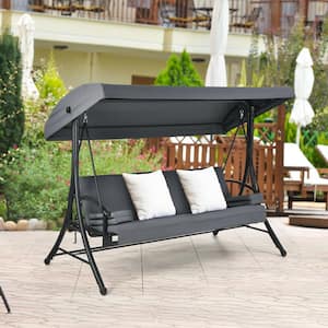 3-Person Steel Outdoor Patio Porch Swing Hammock with Adjustable Tilt Canopy, Gray Cushions, 2-in-1 Convertible Seat