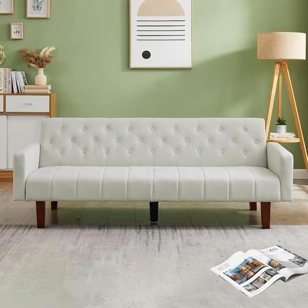 Mydepot Beige74.4 in. Square Armchair Futon Sleeper Convertible Sofa Bed with Wooden Legs