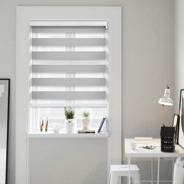 Chicology Cut-to-Size Icy Grey Cordless Blackout Dual Layer Privacy Polyester Zebra Roller Shade 69.5 in. W x 72 in. L