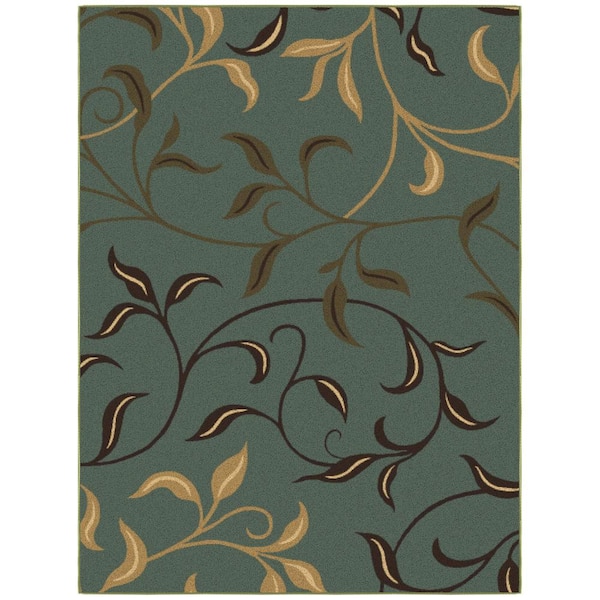 Ottomanson Basics Collection Non-Slip Rubberback Leaves Design 5x7 Indoor Area Rug, 5 ft. x 6 ft. 6 in., Seafoam Green