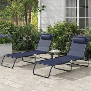 2-Piece Dark Blue Metal Folding Outdoor Chaise Lounge with Reclining Back, Pillow,Breathable Mesh, Bungee Seat for Beach