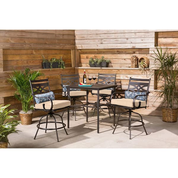Hanover Montclair 5-Piece Steel Outdoor Bar Height Dining Set with Country Cork Cushions, Swivel Chairs and 33 in. Dining Table