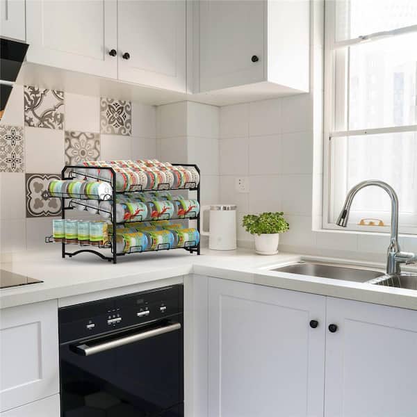 AULEDIO 3-Shelf Black Metal Stackable Can Organizer Storage Rack for Kitchen Pantry