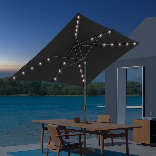6 ft. x 9 ft. Aluminum Pole Outdoor Market Umbrella Solar LED Lighted Rectangular Patio Umbrella, Black