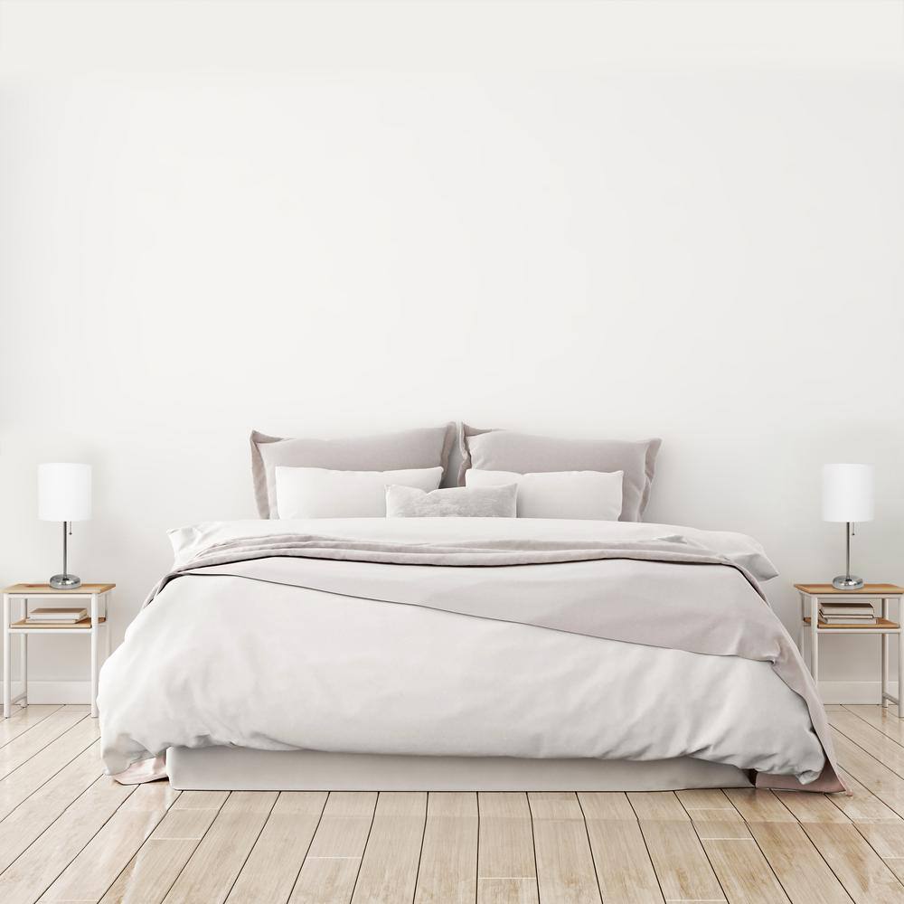 White Fabric Shade Brushed Steel Stick Table Lamp Set with Charging Outlet