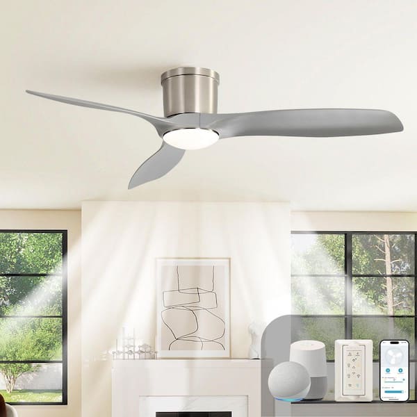 52 in. Modern Smart Flush Mount Ceiling Fan with Light, Remote Control, 3 Grey ABS Blades, 18W Dimmable LED