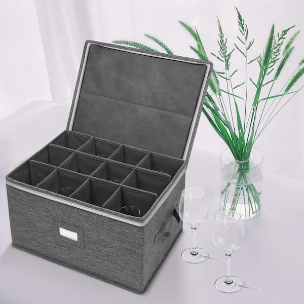 Grey Polyester Stemware Storage Cases Holds 12 Red or White Wine Glasses Wine Glass Storage Box Containers for Glassware