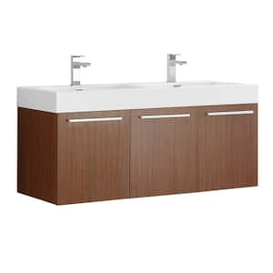 Vista 48 in. Modern Wall Hung Bath Vanity in Teak with Double Vanity Top in White with White Basins