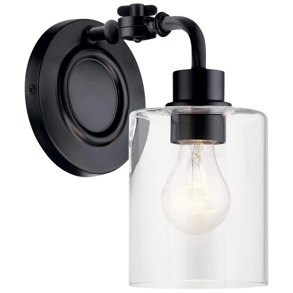 KICHLER Gunnison 1-Light Black Bathroom Wall Sconce Light with Clear Glass