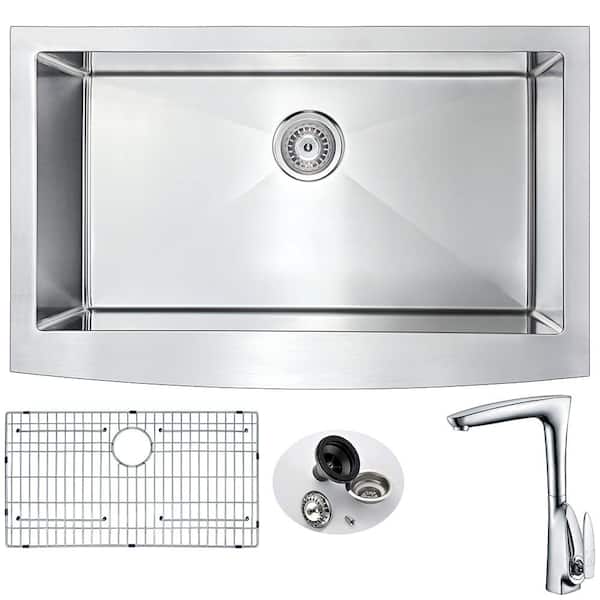 ANZZI ELYSIAN Farmhouse Stainless Steel 32 in. 0-Hole Kitchen Sink and Faucet Set with Timbre Faucet in Brushed Satin