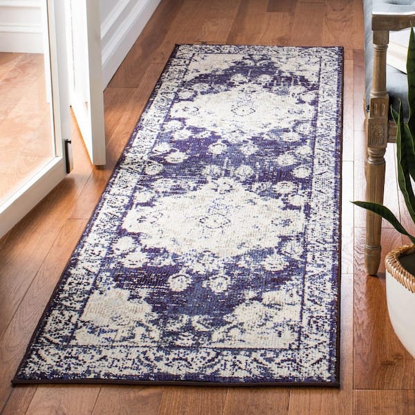 Monaco Ivory/Navy  2 ft. x 8 ft. Distressed Border Medallion Runner Rug