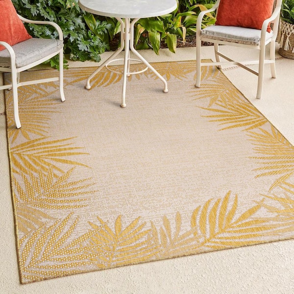 Isla Yellow/Cream 4 ft. x 6 ft. Coastal Cottage Palm Frond Border Indoor/Outdoor Area Rug