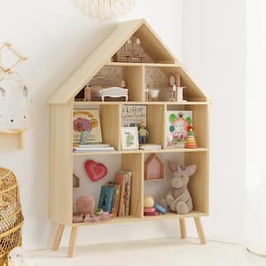 33.46 in. W 4-Tier Natural Wood Color Wooden Dollhouse Bookcase for kids bedroom
