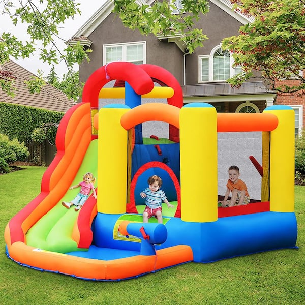 Multi-Color Inflatable Bounce House Water Slide with Climbing Wall Splash Pool Water Cannon