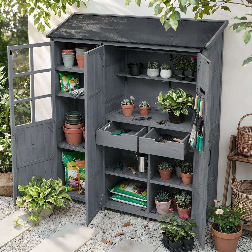 5 ft.W x 1.6ft. Wood Garden Shed 3 Doors Storage Cabinet w