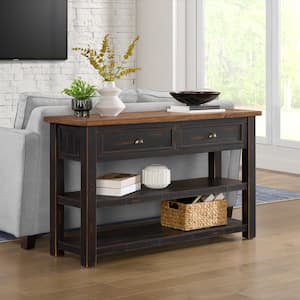 Monterey 50 in. Black and Honey Rectangle Solid Wood Sofa Console Table with Drawers and Shelves