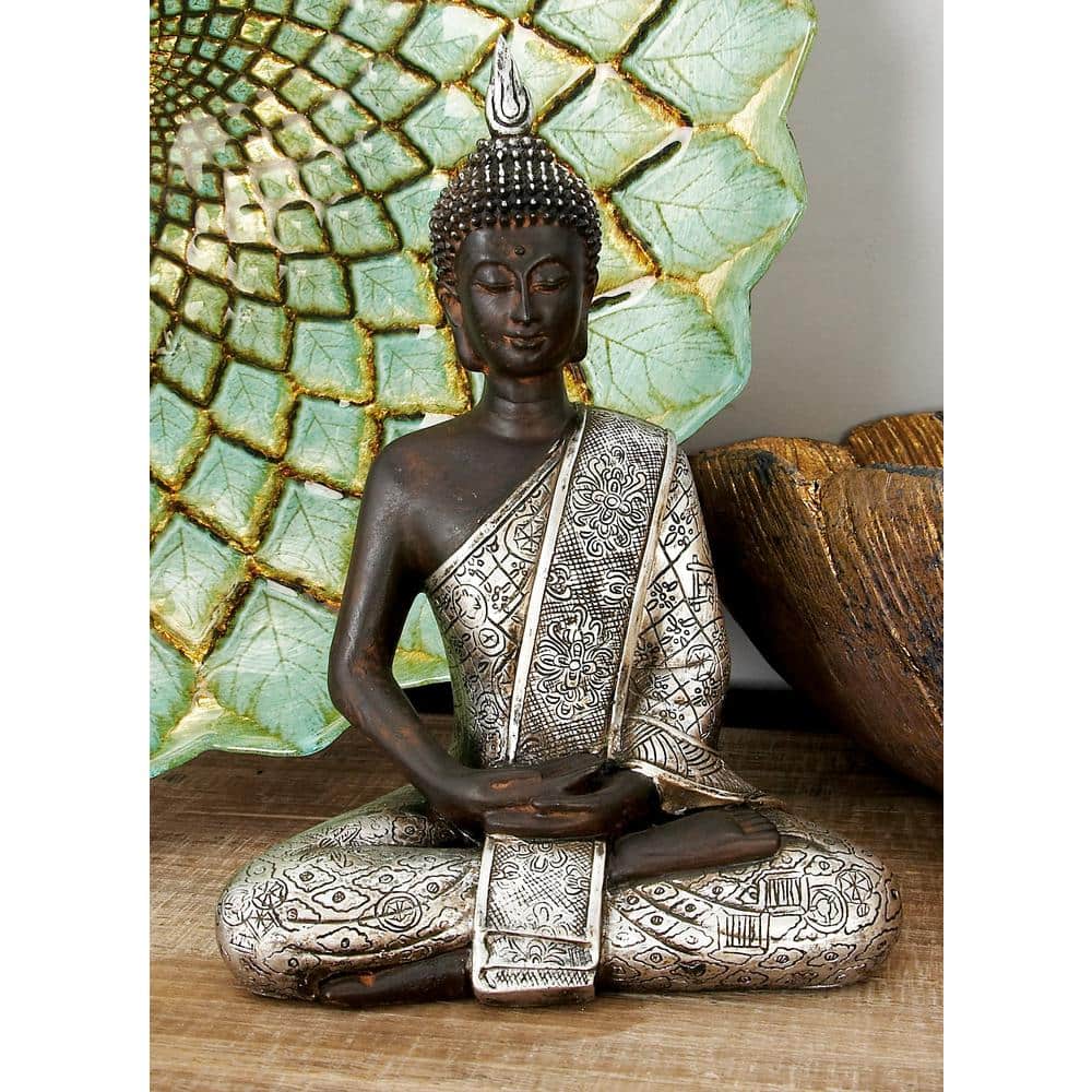 Black and Silver Polystone Meditating Buddha Statue with Engraved Patterns